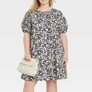Ava & Viv Floral Puff Sleeve Dress - Black, Purple, White